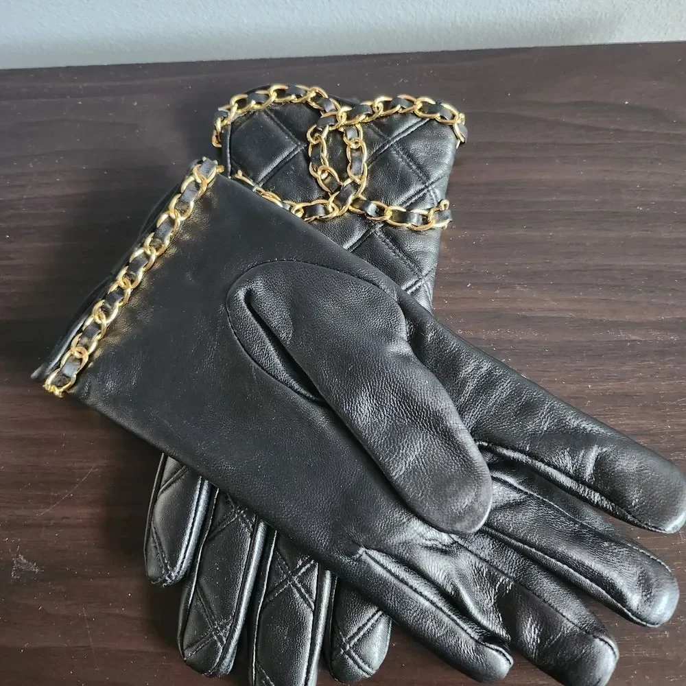 Black Quilted Gloves with Gold Chain Detail